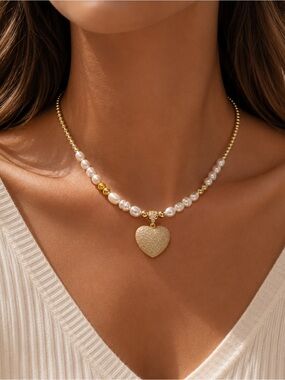 14k Gold Plated Pearl Heart Pendant Necklace - Elegant Women's Jewelry